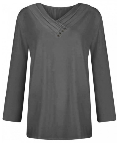 Womens Fall Fashion 2023 Long Sleeve Solid Color Pullover Chest Panel Ruched Button V Neck T Shirt Dressy Outfits 4-gray $10....