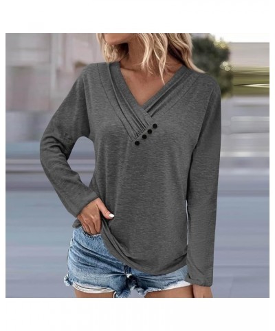 Womens Fall Fashion 2023 Long Sleeve Solid Color Pullover Chest Panel Ruched Button V Neck T Shirt Dressy Outfits 4-gray $10....