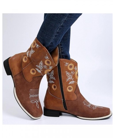 Cowboy Boots For Women Wide Calf Wide Foot Embroidered Western Cowgirl Style Knee High Chunky Heel Fashion Boot U-brown $21.3...