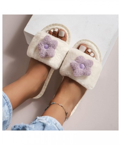 Ladies Fashion Solid Color Plush Open Toe Flower Decoration Flat Casual Cotton Slippers Shoes For Women Dressy Low Heel Beige...