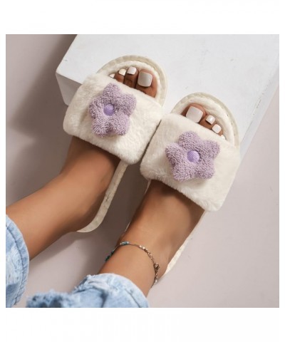 Ladies Fashion Solid Color Plush Open Toe Flower Decoration Flat Casual Cotton Slippers Shoes For Women Dressy Low Heel Beige...