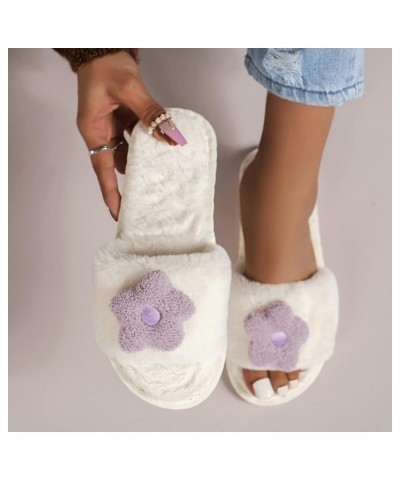 Ladies Fashion Solid Color Plush Open Toe Flower Decoration Flat Casual Cotton Slippers Shoes For Women Dressy Low Heel Beige...