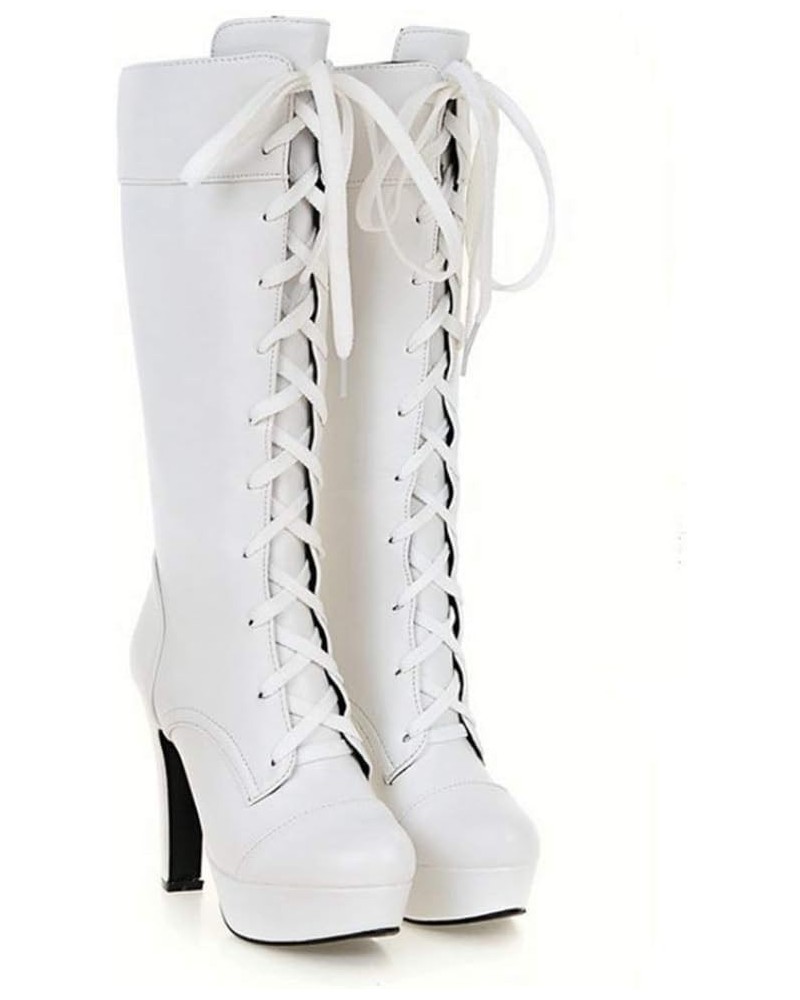 Women's High Heel Knee High Bootie Lace-Up Motorcycle Combat Boots Round Toe Platform Shoes $31.11 Boots