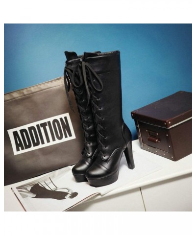 Women's High Heel Knee High Bootie Lace-Up Motorcycle Combat Boots Round Toe Platform Shoes $31.11 Boots