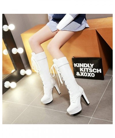 Women's High Heel Knee High Bootie Lace-Up Motorcycle Combat Boots Round Toe Platform Shoes $31.11 Boots