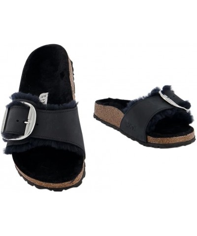 Ladies Madrid Big Buckle Shearling Smooth Leather Black Slippers Black $69.30 Sandals