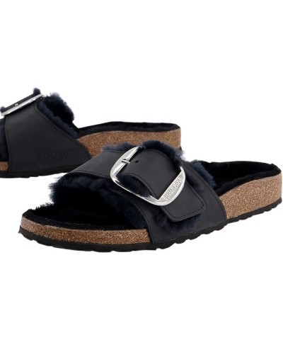 Ladies Madrid Big Buckle Shearling Smooth Leather Black Slippers Black $69.30 Sandals