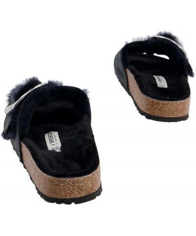 Ladies Madrid Big Buckle Shearling Smooth Leather Black Slippers Black $69.30 Sandals