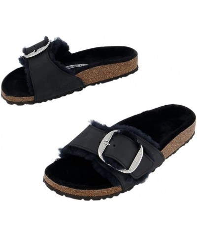 Ladies Madrid Big Buckle Shearling Smooth Leather Black Slippers Black $69.30 Sandals