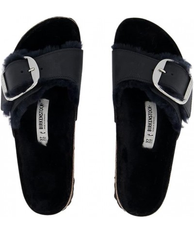 Ladies Madrid Big Buckle Shearling Smooth Leather Black Slippers Black $69.30 Sandals