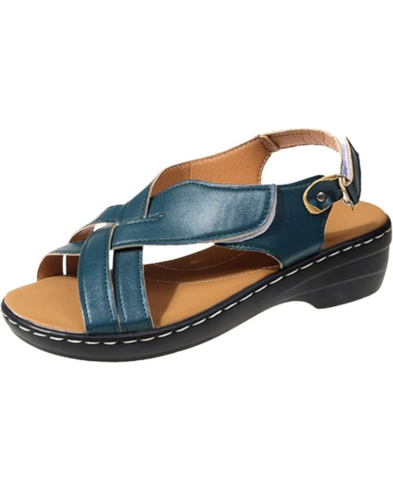 Women Retro Leather Hook Loop Wedge Sandals Crisscross Band Thong Sandals Female Non Slip Wear Resisting Beach 7 Navy $29.35 ...