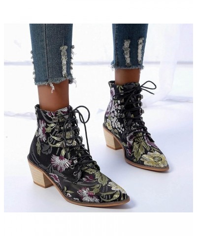 Women's Ankle Boots Faux Leather Low Heel Casual Boot Retro Elastic Round Toe Lace Up Booties for Women Black $18.89 Boots