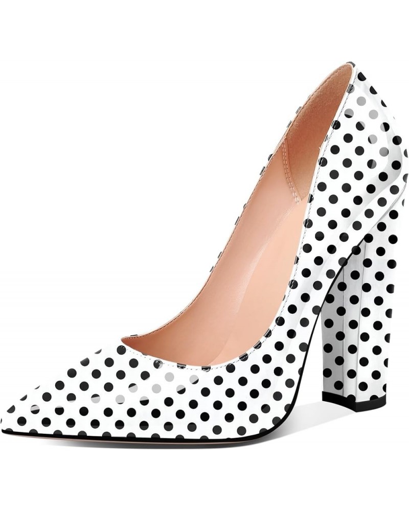 Women's Chunky High Heel Pumps Pointed Toe Slip-on Party Wedding Dress Shoes 4.7 Inch Polka Dot $38.47 Pumps