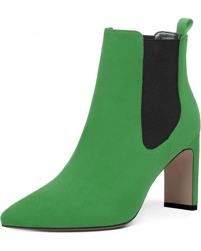 Womens Work Suede Solid Sexy Pointed Toe Bungee Chunky High Heel Ankle High Boots 3.3 Inch Green $30.00 Boots