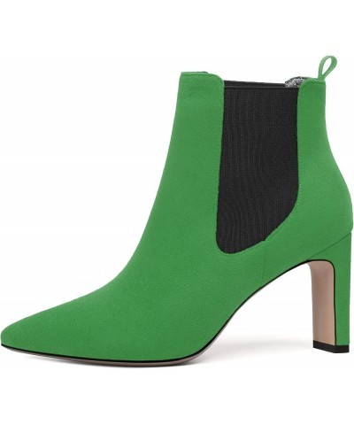 Womens Work Suede Solid Sexy Pointed Toe Bungee Chunky High Heel Ankle High Boots 3.3 Inch Green $30.00 Boots