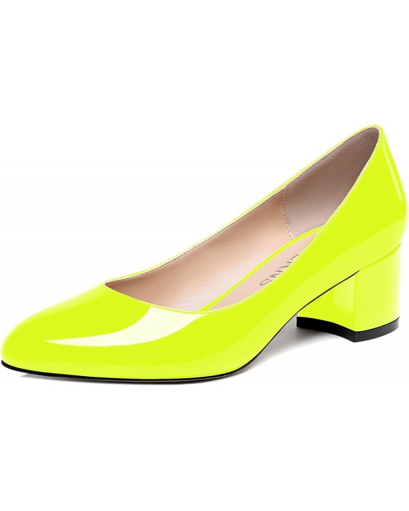 Womens Party Round Toe Dress Slip On Patent Chunky Low Heel Pumps Shoes 2 Inch Neon Yellow $33.74 Pumps