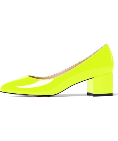 Womens Party Round Toe Dress Slip On Patent Chunky Low Heel Pumps Shoes 2 Inch Neon Yellow $33.74 Pumps