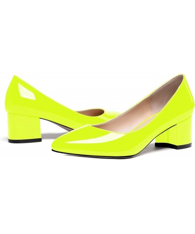 Womens Party Round Toe Dress Slip On Patent Chunky Low Heel Pumps Shoes 2 Inch Neon Yellow $33.74 Pumps