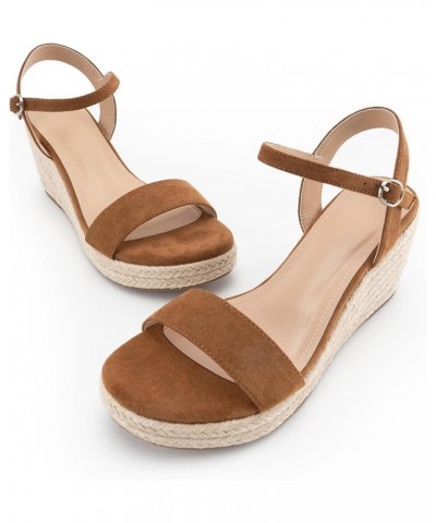 Espadrilles Strappy Suede Wedge Sandals for Women Dressy Summer Ankle Strap Buckle Open Toe Sandals Brown $30.67 Sandals