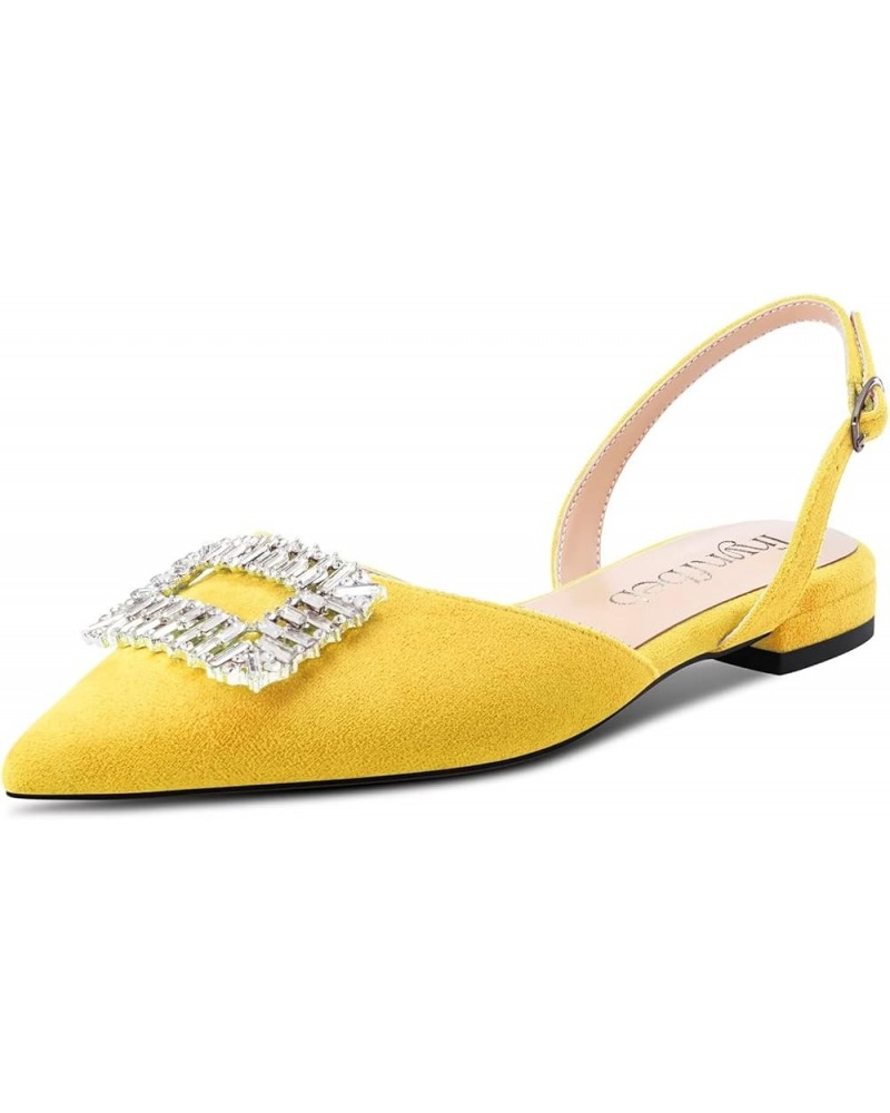 Women Chunky Block Low Heel Pointed Toe Flats Shoes Slingback Buckle Rhinestone Crystal Party Cute 0.6 Inches Heels Yellow $1...