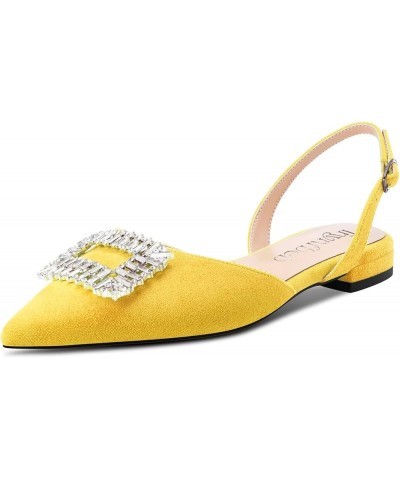 Women Chunky Block Low Heel Pointed Toe Flats Shoes Slingback Buckle Rhinestone Crystal Party Cute 0.6 Inches Heels Yellow $1...