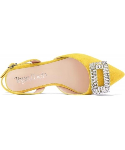 Women Chunky Block Low Heel Pointed Toe Flats Shoes Slingback Buckle Rhinestone Crystal Party Cute 0.6 Inches Heels Yellow $1...