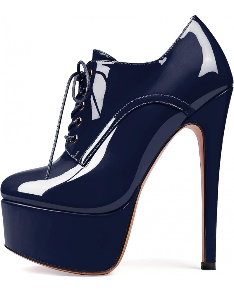 Women's Round Toe Lace Up Ankle Boots Platform High Heel Pumps Party Dress Shoes Navy Patent $21.60 Boots