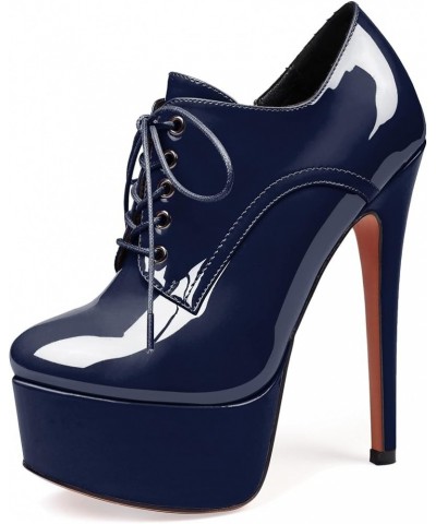 Women's Round Toe Lace Up Ankle Boots Platform High Heel Pumps Party Dress Shoes Navy Patent $21.60 Boots