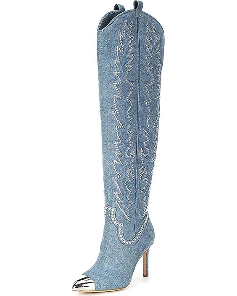 Sparkly Boots for Women, Rhinestone Over Knee Boots Embroidery Pointed Toe Pull On Stiletto Heeled Thigh High Sparkly Boots T...