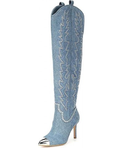 Sparkly Boots for Women, Rhinestone Over Knee Boots Embroidery Pointed Toe Pull On Stiletto Heeled Thigh High Sparkly Boots T...