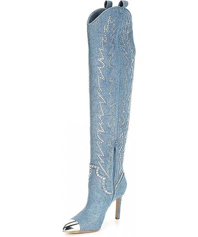 Sparkly Boots for Women, Rhinestone Over Knee Boots Embroidery Pointed Toe Pull On Stiletto Heeled Thigh High Sparkly Boots T...