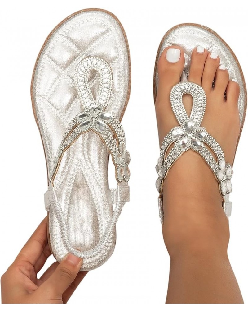 Sandals Women Dressy Summer Flat Rhinestone Sandal Bohemian Bead Dress Open Toe Elastic Ankle Strap Beach Sandals B-white $13...