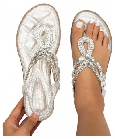 Sandals Women Dressy Summer Flat Rhinestone Sandal Bohemian Bead Dress Open Toe Elastic Ankle Strap Beach Sandals B-white $13...