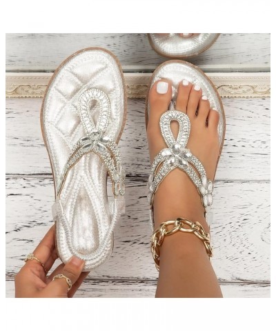 Sandals Women Dressy Summer Flat Rhinestone Sandal Bohemian Bead Dress Open Toe Elastic Ankle Strap Beach Sandals B-white $13...