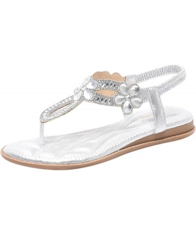 Sandals Women Dressy Summer Flat Rhinestone Sandal Bohemian Bead Dress Open Toe Elastic Ankle Strap Beach Sandals B-white $13...