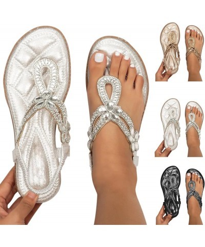 Sandals Women Dressy Summer Flat Rhinestone Sandal Bohemian Bead Dress Open Toe Elastic Ankle Strap Beach Sandals B-white $13...