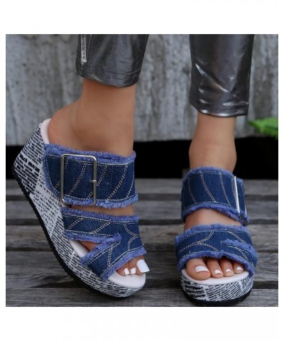 Women's Wedge Slides Comfortable Denim Strap Sandals Fashion Espadrille Walking Flip Flops Chunky High Heels Slippers Walking...