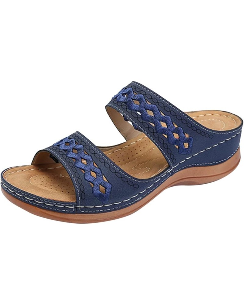 Womens Comfy Orthopedic Rhinestone Flats Sandals Two Strap Peep Toe Summer Block Heels Shoe Sandal 39-hyems-darkblue-4 $13.48...