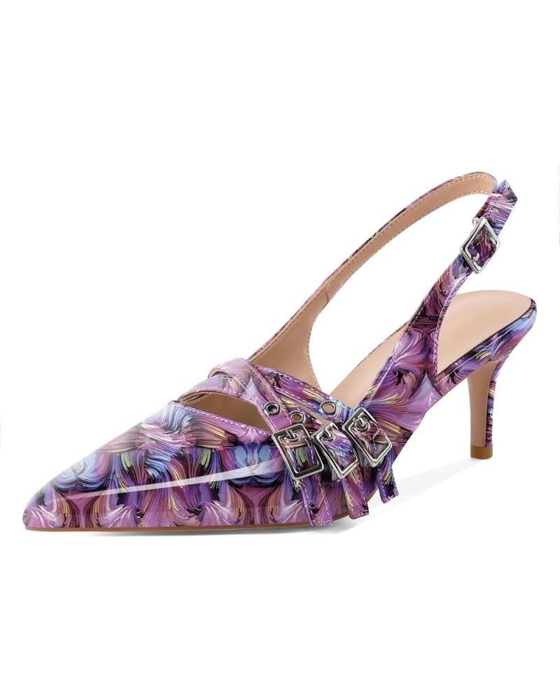 Women Slingback Heels Eyelet Buckle Strap Pointed Toe Slip On Kitten Heel Pumps Shoes Dressy 2.5 Inches Patent Floral Purple ...