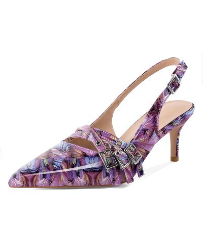 Women Slingback Heels Eyelet Buckle Strap Pointed Toe Slip On Kitten Heel Pumps Shoes Dressy 2.5 Inches Patent Floral Purple ...