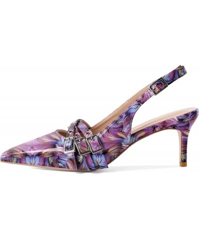 Women Slingback Heels Eyelet Buckle Strap Pointed Toe Slip On Kitten Heel Pumps Shoes Dressy 2.5 Inches Patent Floral Purple ...