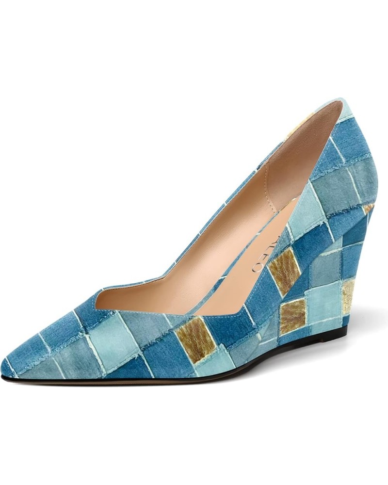 Womens Patent Slip On Casual Solid Pointed Toe Office Wedge High Heel Pumps Shoes 3.3 Inch Denim Plaid $35.27 Pumps