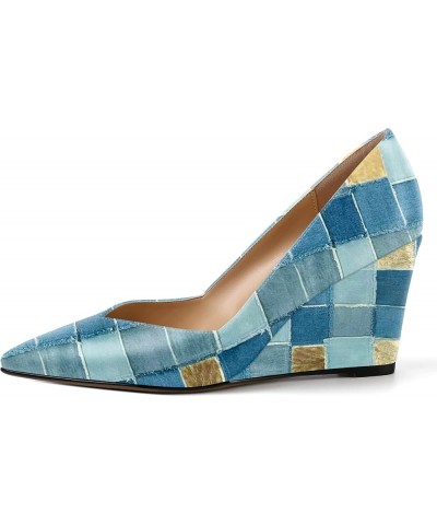 Womens Patent Slip On Casual Solid Pointed Toe Office Wedge High Heel Pumps Shoes 3.3 Inch Denim Plaid $35.27 Pumps