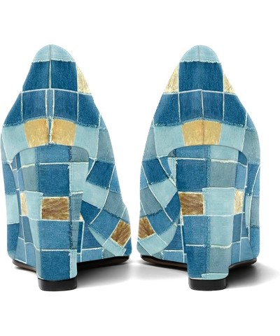 Womens Patent Slip On Casual Solid Pointed Toe Office Wedge High Heel Pumps Shoes 3.3 Inch Denim Plaid $35.27 Pumps