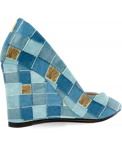 Womens Patent Slip On Casual Solid Pointed Toe Office Wedge High Heel Pumps Shoes 3.3 Inch Denim Plaid $35.27 Pumps