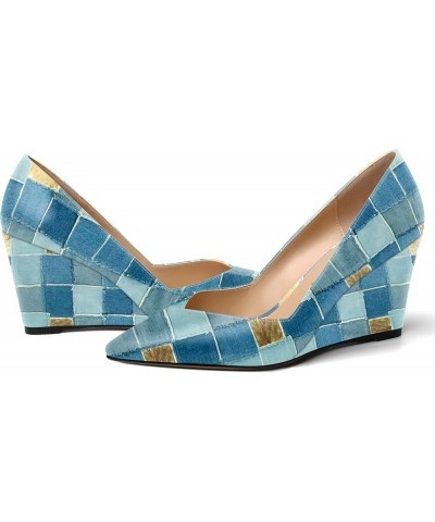 Womens Patent Slip On Casual Solid Pointed Toe Office Wedge High Heel Pumps Shoes 3.3 Inch Denim Plaid $35.27 Pumps