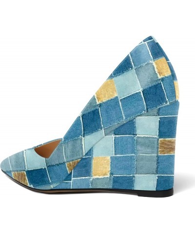 Womens Patent Slip On Casual Solid Pointed Toe Office Wedge High Heel Pumps Shoes 3.3 Inch Denim Plaid $35.27 Pumps