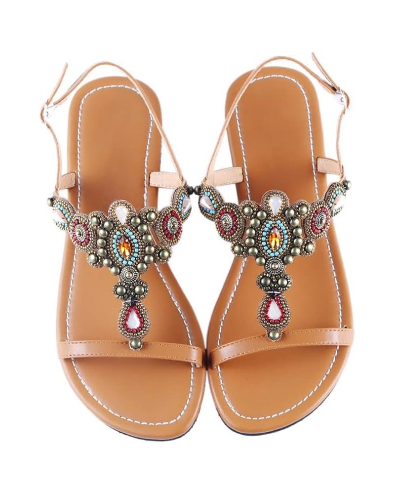 Women Boho Tribe Retro Sandals Rhinestone Peep Toe Summer Shoes Soft Beach Slipper 4.5 Brown $27.26 Sandals