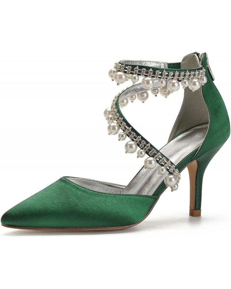 Women Satin Pearl Wedding Bridal Sandals Closed Toe High Heel Zipper Back Straps Evening Prom Party Dress Shoes Dark Green $4...