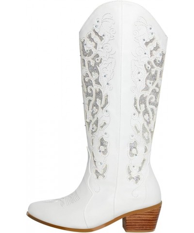 Women's White Embroidery Side Zipper Western Boots Whiteglitter $43.19 Boots